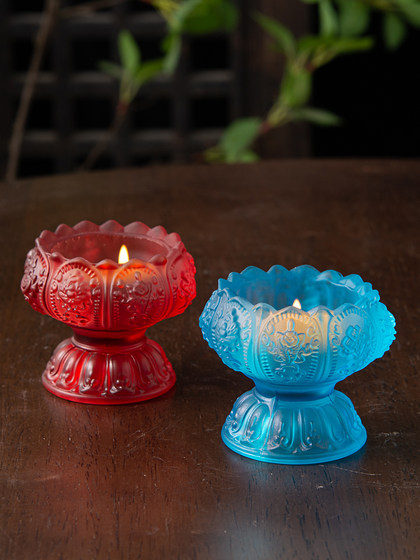 七彩琉璃莲花烛台摆件家用酥油蜡烛灯座佛前创意荷花酥油灯