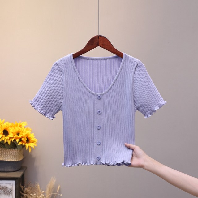 Short-sleeved women's 2024 new summer purple navel-baring thin solid color sweater Korean style women's ice silk T-shirt top