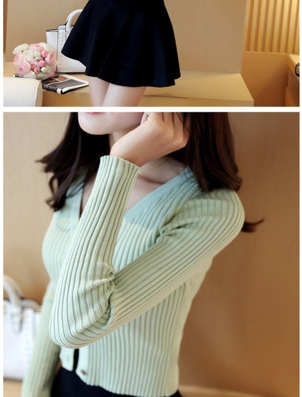 Mùa xuân 2018 mới V-cổ pit sọc ngắn tay đan len nữ là áo khoác mỏng eo cao khoác cardigan