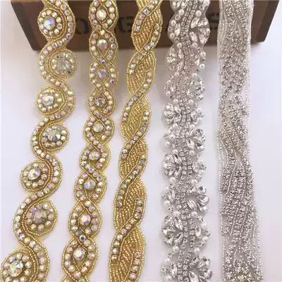 New high-end handmade rhinestone strip wedding dress Xiuhe decorative chain Super Flash AB color diamond ornaments sewn with adhesive