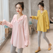 Sweet mommy pregnancy mid-length coat autumn new long sleeve foreign style V collar dress loose maternity dress