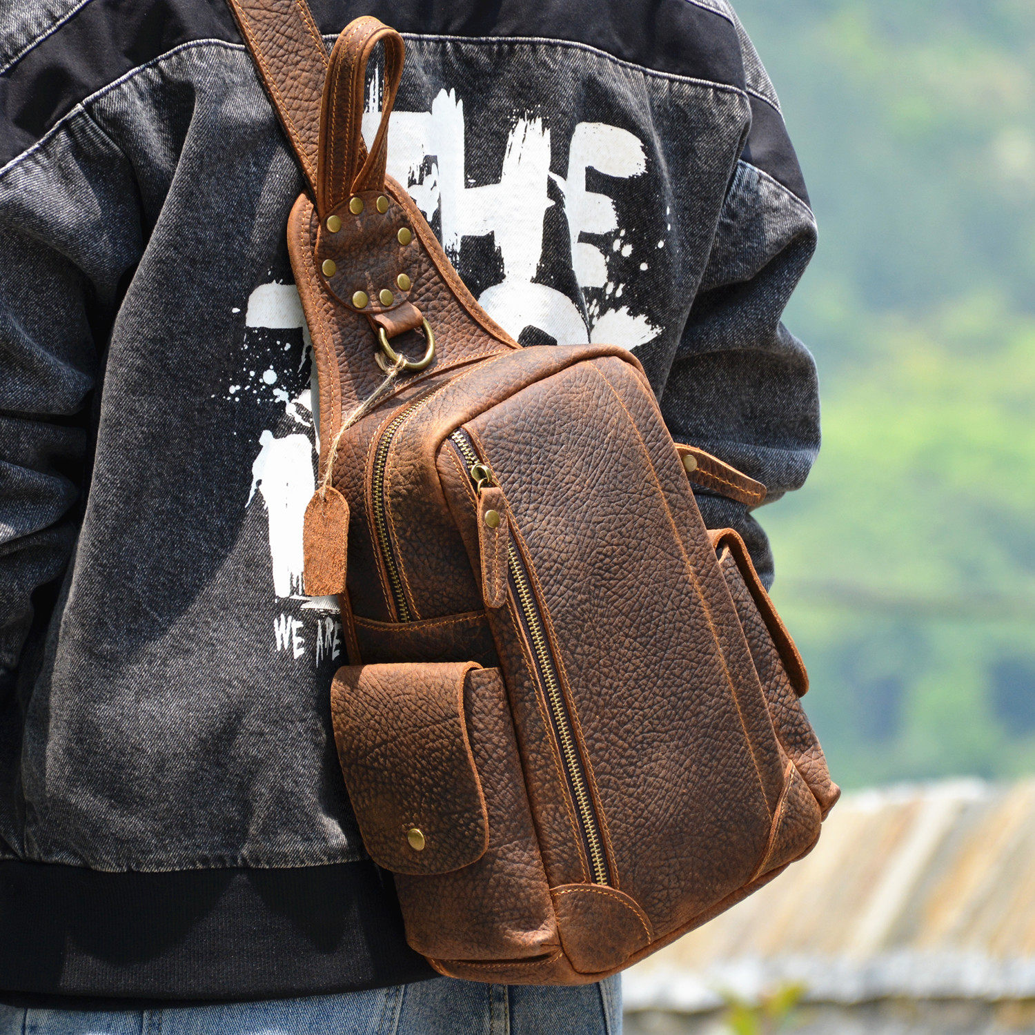 Original Retro New Leather Chest Bag Men Backpack Mad Mapi Large Capacity Diagonal Satchel Personality Bull Leather Tide Bag-Taobao