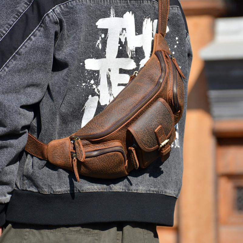 Original Cowhide Men's Waist Bag, Retro Multi-Functional Chest Bag, Crazy Horse Leather Distressed Motorcycle Bag, Genuine Leather Backpack, Sports Bag