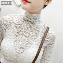 South Korea 2021 autumn new high collar sexy perspective lace base shirt women long sleeve Joker Super fairy top female