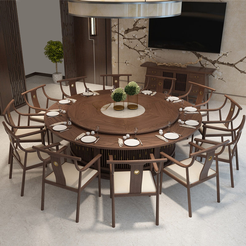 New Chinese dining table and chair combination hotel electric big round table hotel solid wood multi-person box homestay rotating table dining table