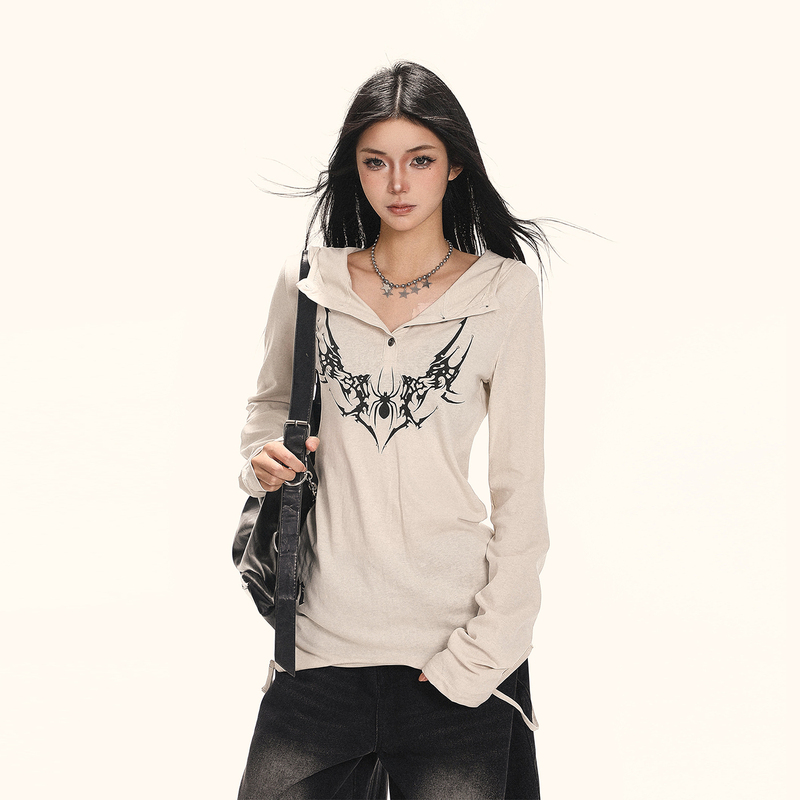 American Y2K Design Hooded Long-Sleeve T-Shirt for Women, Early Autumn Outfit, Subculture Slim Fit, Lazy Style, Versatile Top