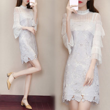 新款女韩版修身七分袖蕾丝连衣裙