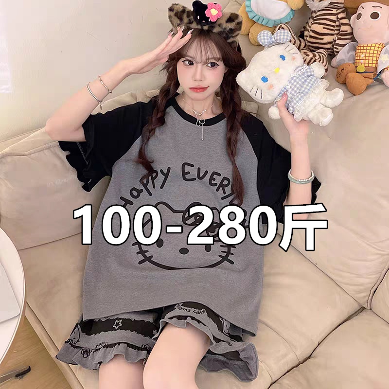 Plus Size 150kg Pure Cotton Pajamas for Women, Summer Thin Short-Sleeved Shorts, Cartoon Cute Fat Girl Home Wear