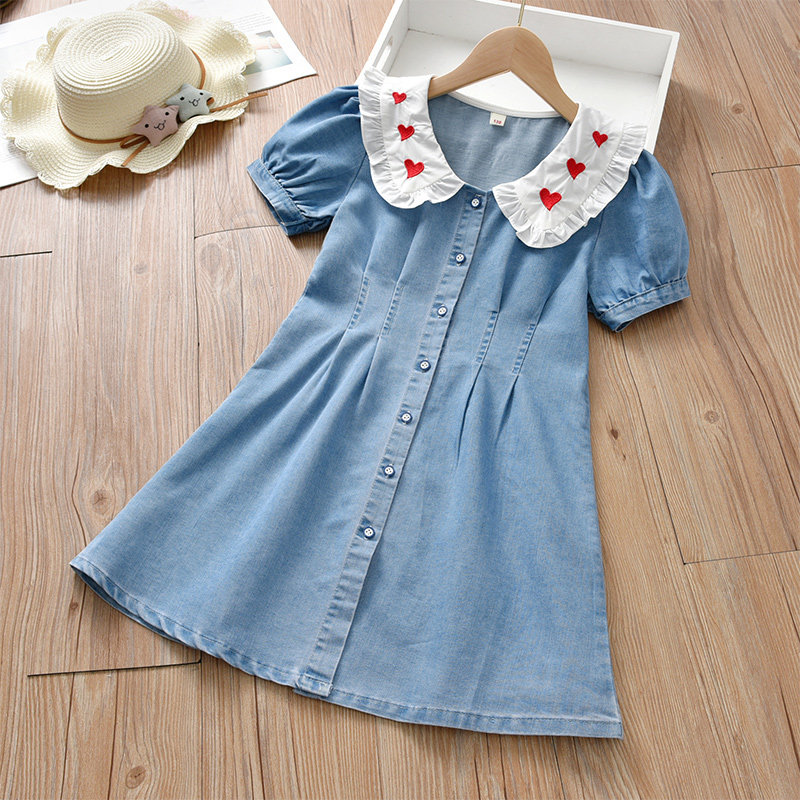 Girl Cowboy Dress Summer Ocean Pie Summer Princess Girl Big Boy Slim little girl Short sleeve summer dress 10 years old