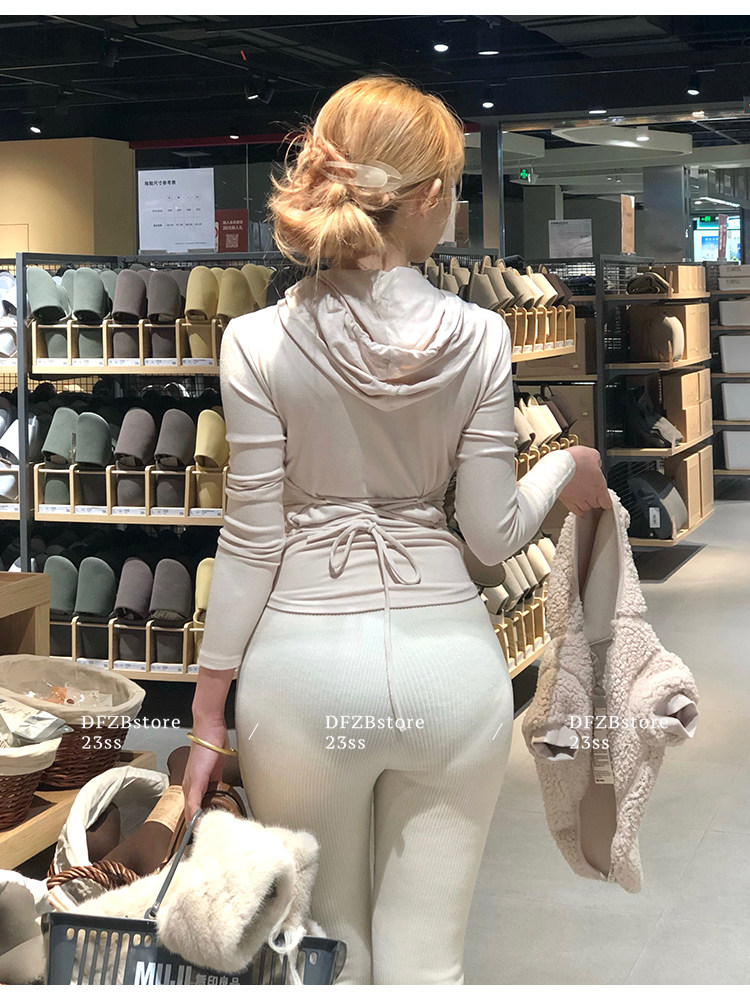 Боди/брюки dfzbstore 奶妻～奶敷敷连帽系带收腰显胸上衣&高v腰显瘦微喇裤