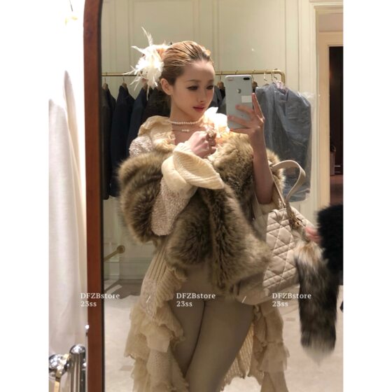 DFZBstore gorgeous singer heavy industry beige lace yarn splicing cardigan/imitation fox fur shawl