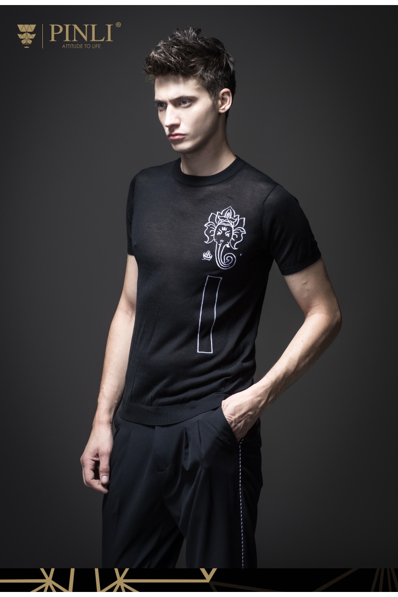 PINLI 品 立 2018 mùa hè người đàn ông mới của thêu áo len ngắn tay T-Shirt S182111235