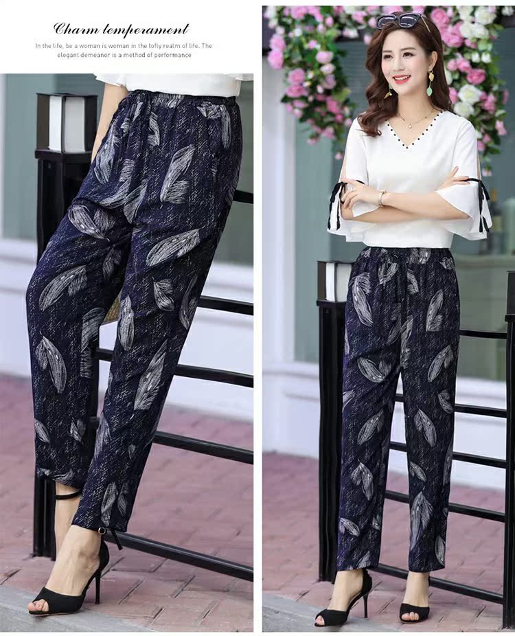 Quần nữ trung niên và già mùa hè mỏng cotton và quần lụa co giãn eo cộng với phân bón quần hoa XL quần mẹ chín điểm - Quần áo của mẹ áo thun nữ trung niên