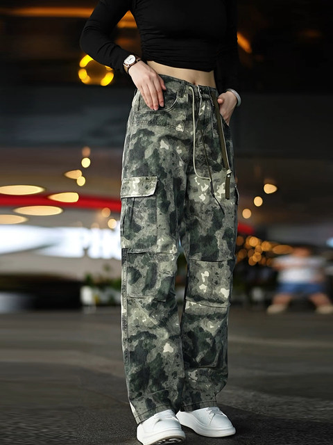 American workwear jeans for men, street style handsome tie-dyed wide-leg pants, high-end retro pure cotton loose straight casual pants