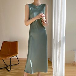 Triacetate satin ຜ້າໄຫມ suspender dress ສໍາລັບແມ່ຍິງ summer mulberry silk round neck long skirt A-line skirt high waist sleeveless