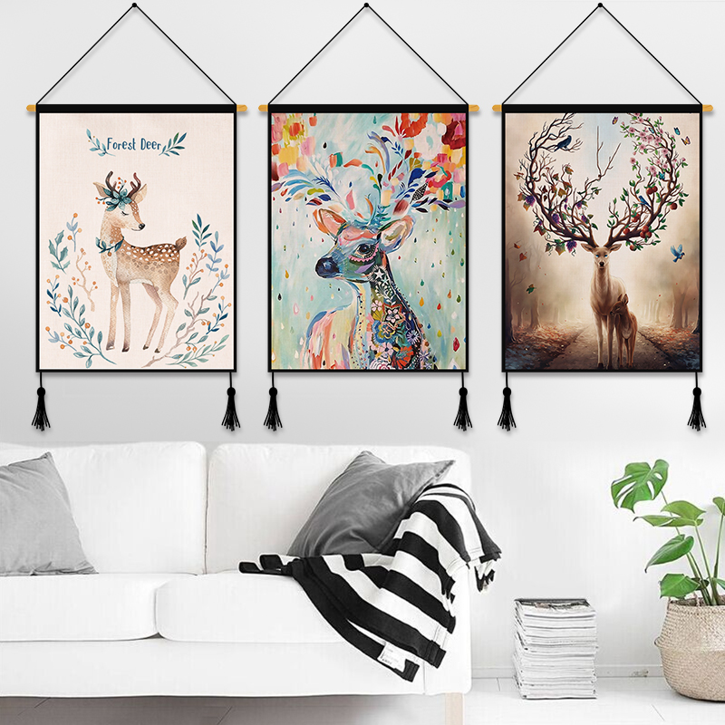 Nordic Tapestry Elk Deer Cloth Painting Living Room Genguan Cloth Art Hanging Painting Background Wall Decoration Painting Dining Hall Wall Painting Hanging Cloth