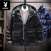  Playboy anti-season clearance down jacket mens short 2021 new trend brand shiny hooded light jacket winter clothes