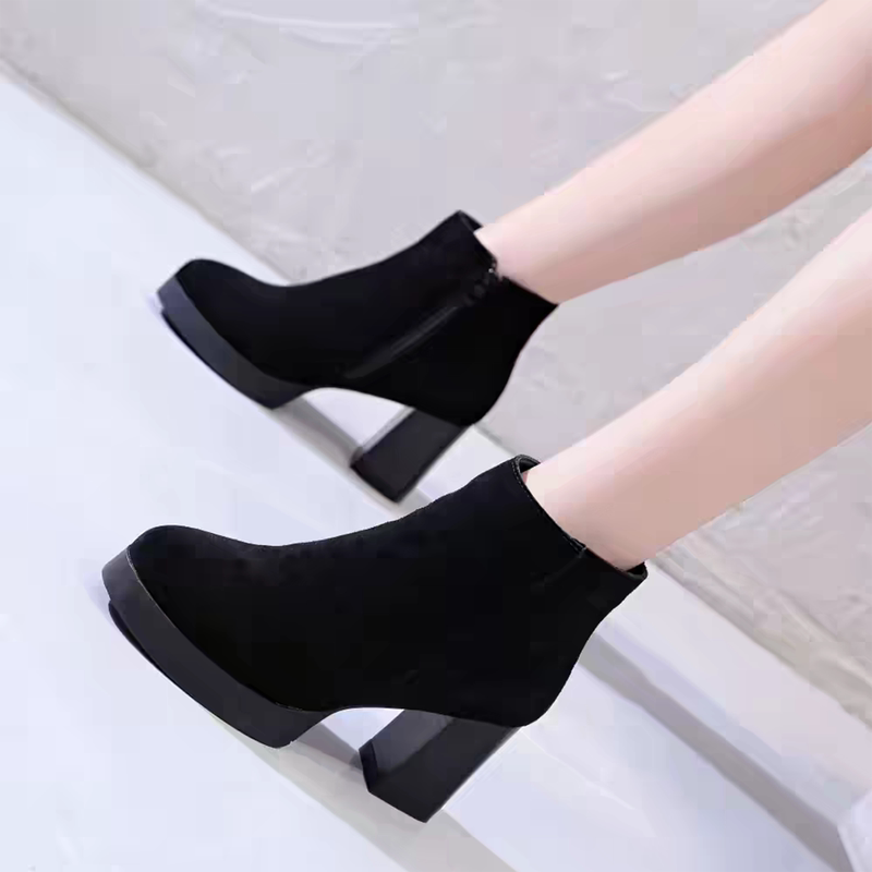 Women's Short Boots 2026 Spring and Autumn New Style High-Heeled Suede Versatile Pointed-Toe Martin Boots Chunky Heel Platform Boots and Ankle Boots