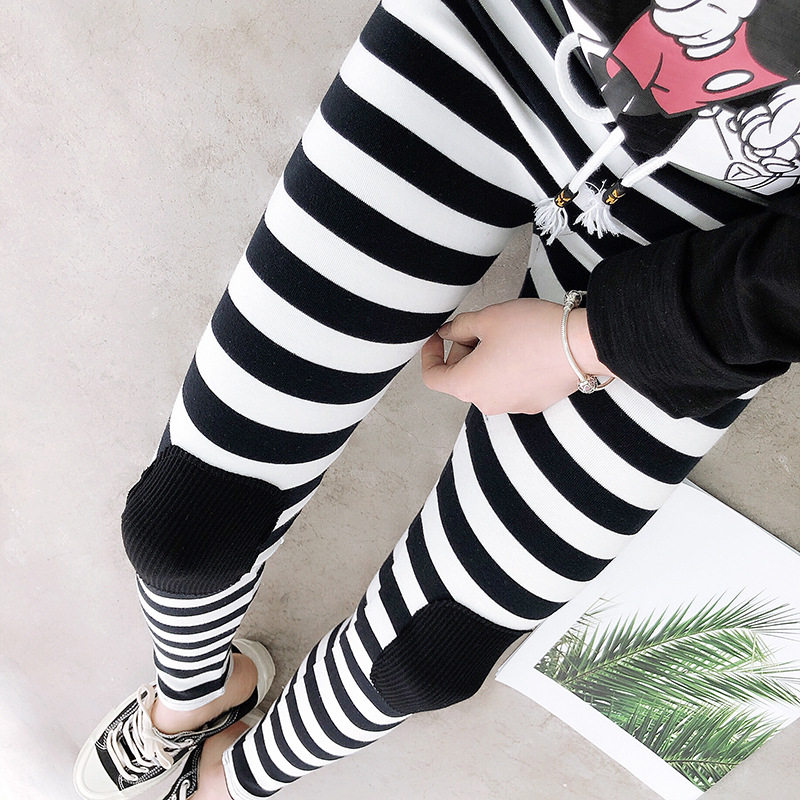 2022 spring new miss juju combed cotton striped patch pant ninth pants high elastic cigarette pants women