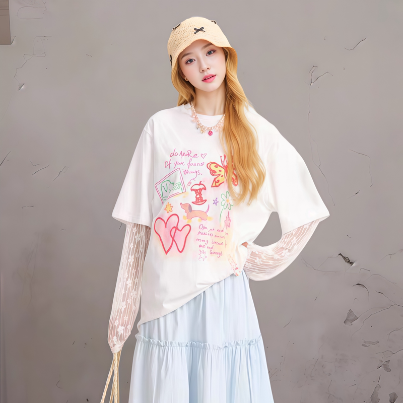 Dopamine Style Graffiti Lace Patchwork Fake Two-Piece Long-Sleeve T-Shirt for Women, Summer Yellow Y2K Pullover Top
