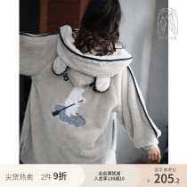 Nedia pajamas women winter coral fleece cute with hat can be worn outside the mid-length plus thick warm housewear set