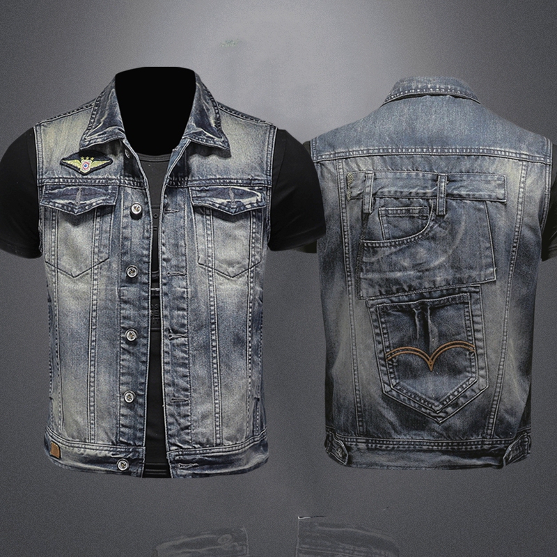 American Retro Patchwork Denim Vest for Men, Korean Style Slim Fit Nightclub Biker Dopamine Casual Waistcoat Trendy Jacket