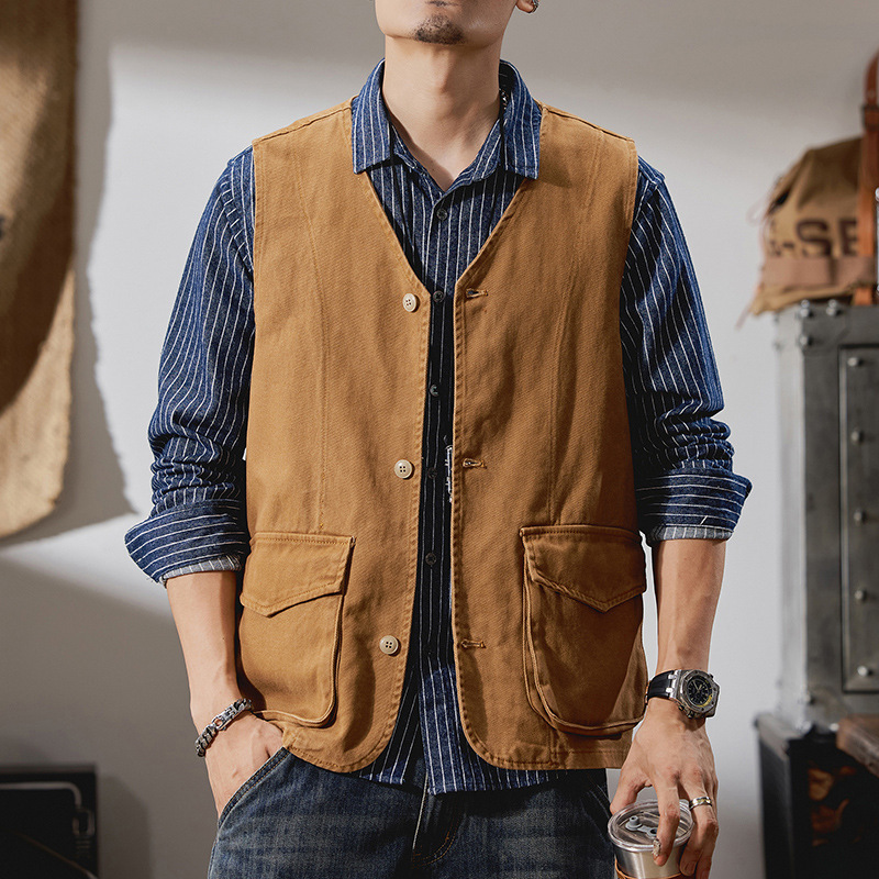 Spring and Autumn American-Style Workwear Denim Vest for Men, Trendy Loose Outdoor Japanese-Style Sleeveless Vest Jacket Casual Jacket