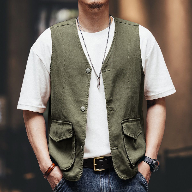 Spring and Autumn American-Style Workwear Denim Vest for Men, Camouflage Loose Outdoor Sleeveless Vest Jacket Casual Jacket