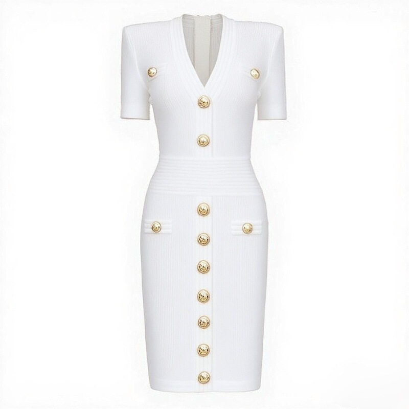 Effie Balmain 2025 Summer New Fashion Knitted V-Neck Slim-Fit Short-Sleeve Extended Dress