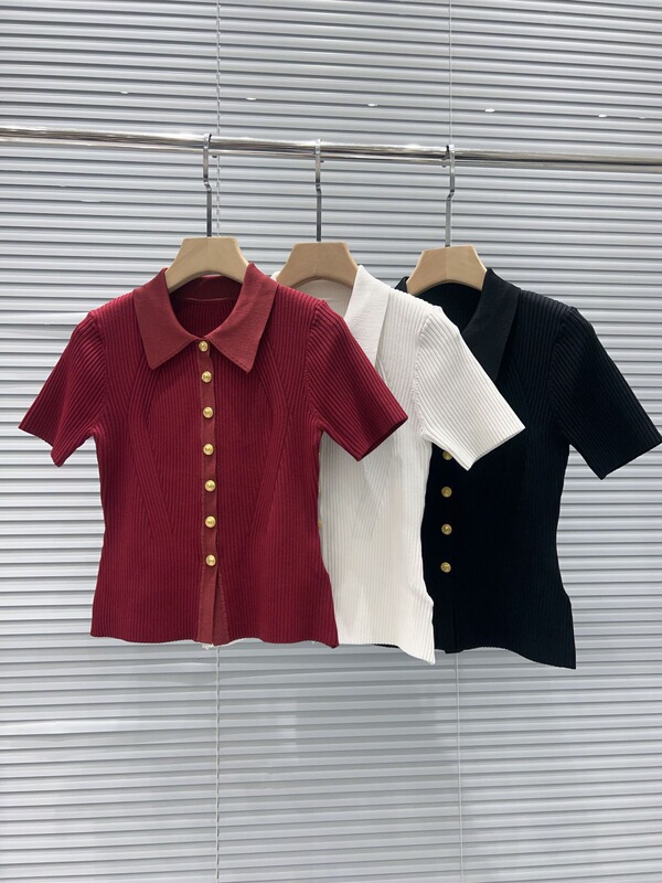 Effie Balman Summer New Style Single-Row Metal Buckle Versatile Slim-Fit Slimming Polo Collar Knitted Cardigan Short Top