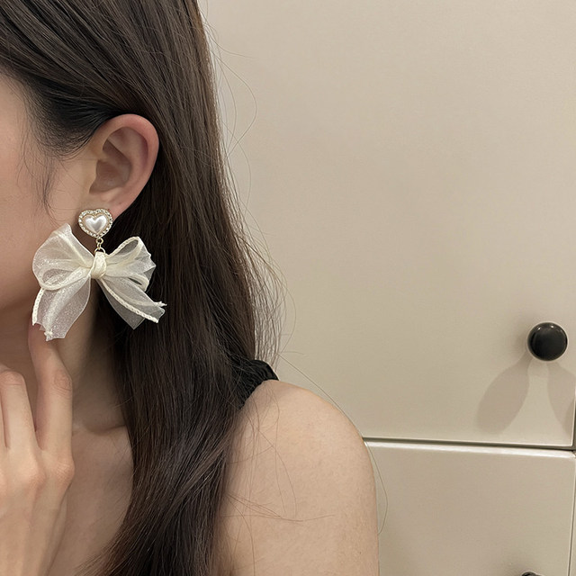 Super fairy bow earrings women's 2022 new trendy mesh yarn tassel pearl earrings temperament flower earrings earrings