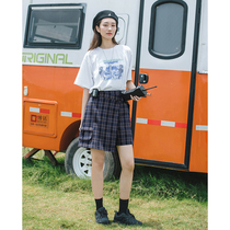 Jenny NASA plaid short skirt Schoolgirl summer loose high waist thin pocket irregular a-line skirt