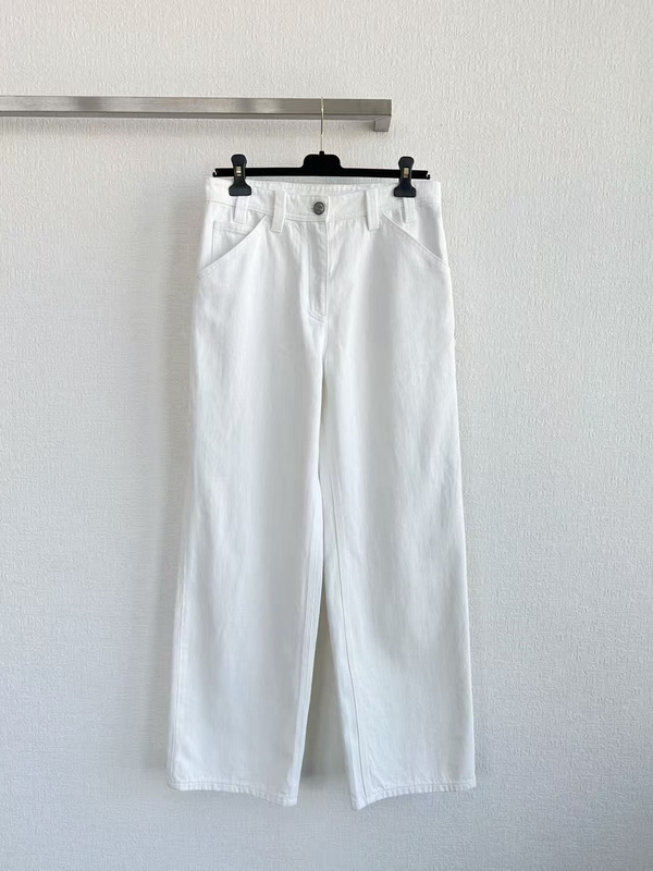 2026 Spring/Summer Chanel-Style White Side Pocket Casual Workwear Wide-Leg Jeans Blue High-Waisted Straight-Leg Long Pants for Women