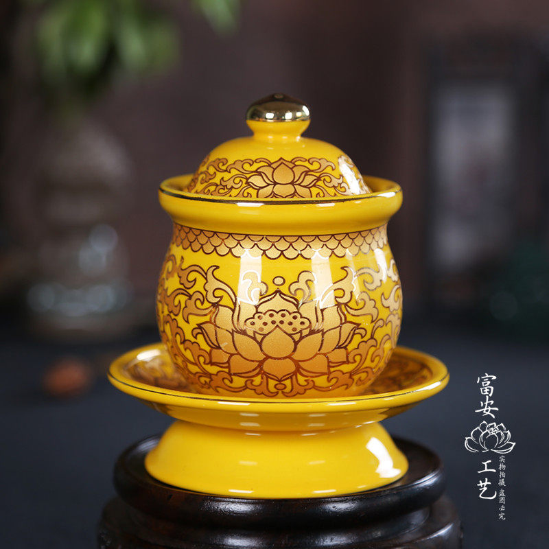 Fuan Buddha Supplies Antique Real Gold Yellow Color Lotus ceramic for water glasses for a cup for a low price