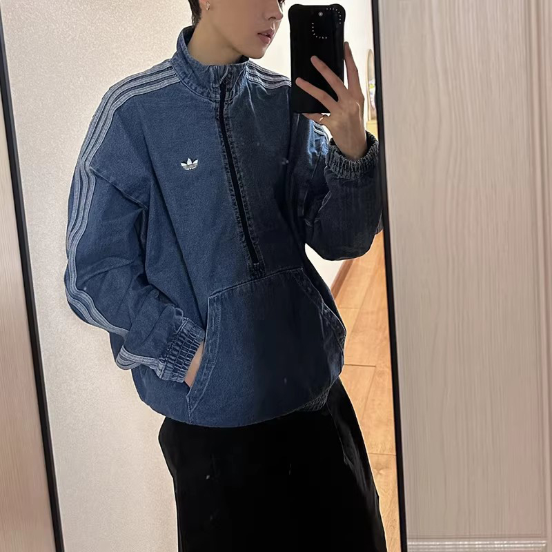 Adidas Trefoil Denim Jacket for Men, Women, and Teenagers, Half-Zip Stand Collar Pullover Top Jc7878