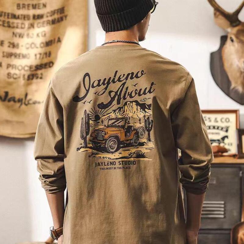 American Retro 260g Heavyweight Pure Cotton Long-Sleeved T-Shirt for Men, Autum Trendy Brand Khaki T-Shirt, Men's Loose Top