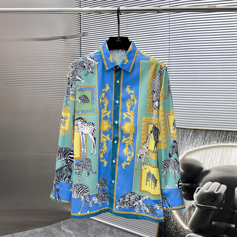 European Style Trendy Baroque Zebra Turtle Print Shirt with a Turn-Down Collar, High-End Loose-Fitting Men's Shirt for Vacation and Leisure