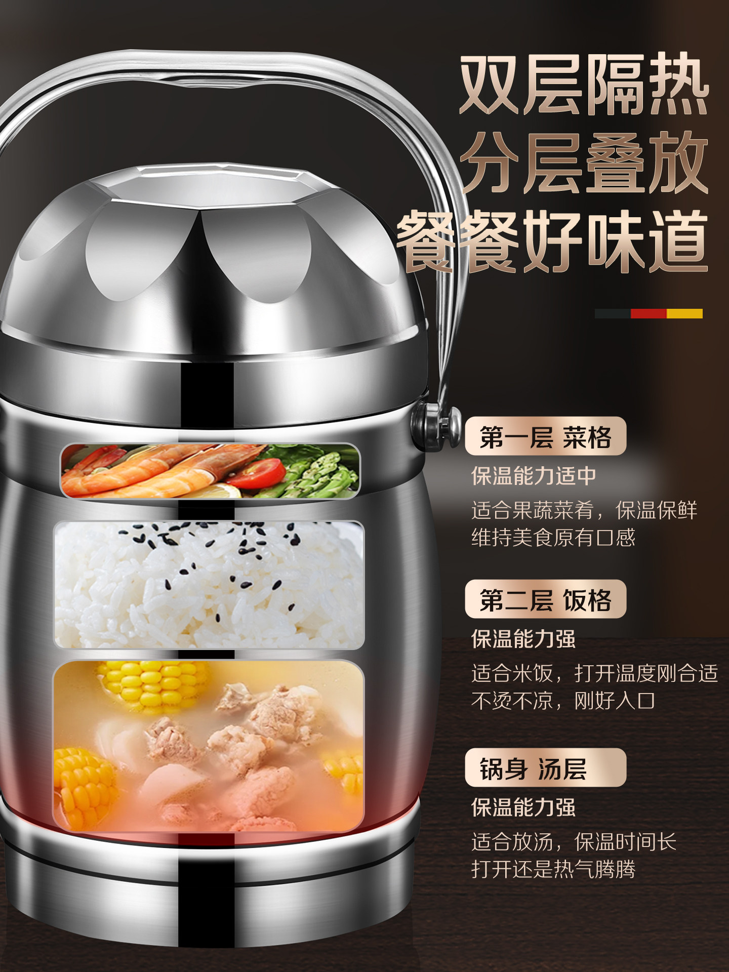 Insulated Lunch Box, Stainless Steel, Multi-Layer, Large Capacity, with Rice Pot, Portable Lunch Box for Office Workers and Students