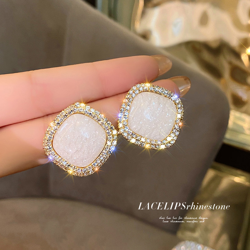 Korean French elegant and high-end crackle double-layer rhinestone edging ear pin earrings female temperament 925 silver pin earrings