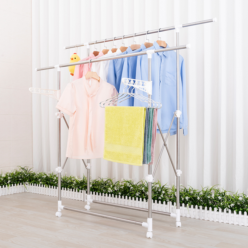 Clothes rack Floor folding indoor stainless steel double pole balcony drying quilt rack outdoor windproof clothes rack Household