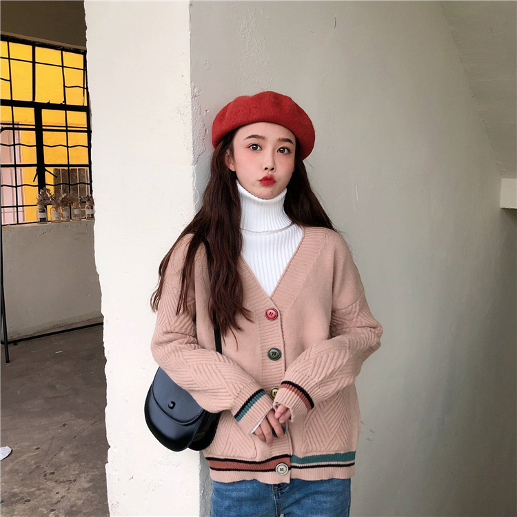 VK旗艦店 韓國學院秋冬彩色扣針織單品外套