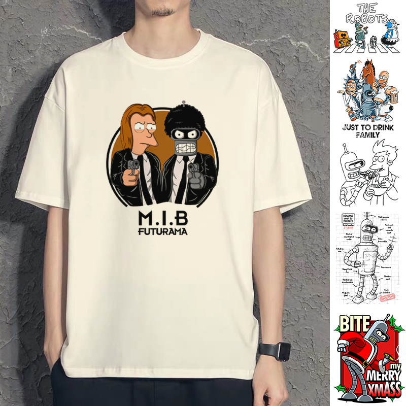 Moyu Han's Futurama Cartoon-Themed T-Shirt Featuring Bender, Laryfry, and Zoidberg, Unisex Pure Cotton Short-Sleeve