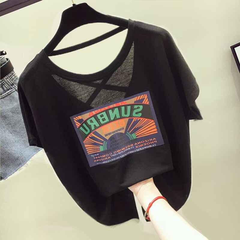 T-Shirt Women's Short-Sleeved 2024 New Summer Clothes Loose Black Exposed Back Discreet Leaking Back Cross Slightly See-Through Clothes