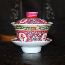 Jingdezhen Ceramic Cultural Revolution Porcelain Factory Red Wanshou Wujiang Wanshou Bowl Yellow Green Retro Wedding Tea Cup