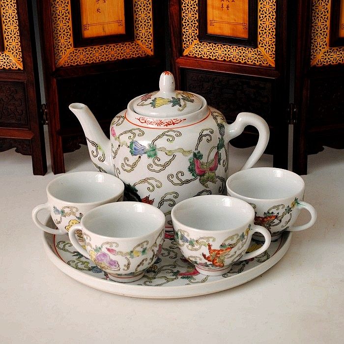 Jingdezhen Cultural Revolution Factory goods porcelain 567 ceramic 4 people 6 heads with tea tray whole set of Gongfu tea with Chinese style retro powder color