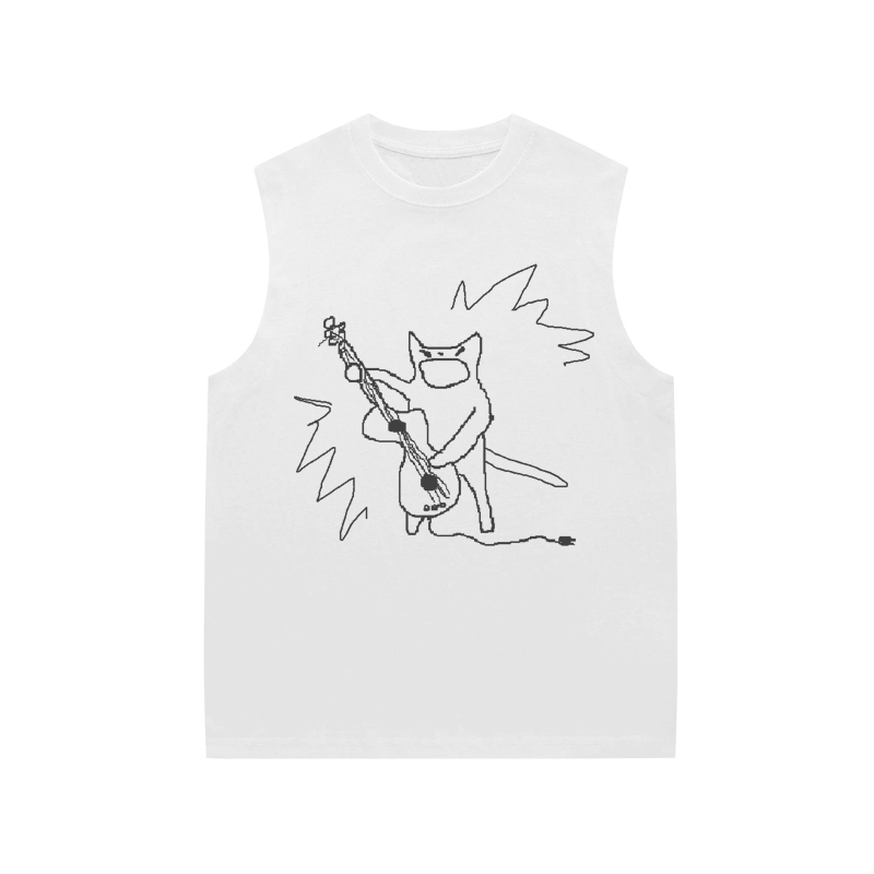 Rock and Roll Unplugged Guitar Cat Print Heavyweight Sleeveless T-Shirt Loose Sports Vest Waistcoat for Men and Women Couples Trendy