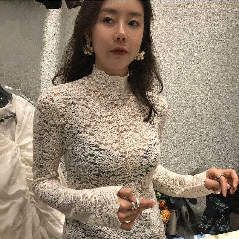 South Korean women's clothing spring and autumn pure cotton lace sweatshirt with slim fit T-shirt 100 lap blouse elastic high collar micro-through undershirt