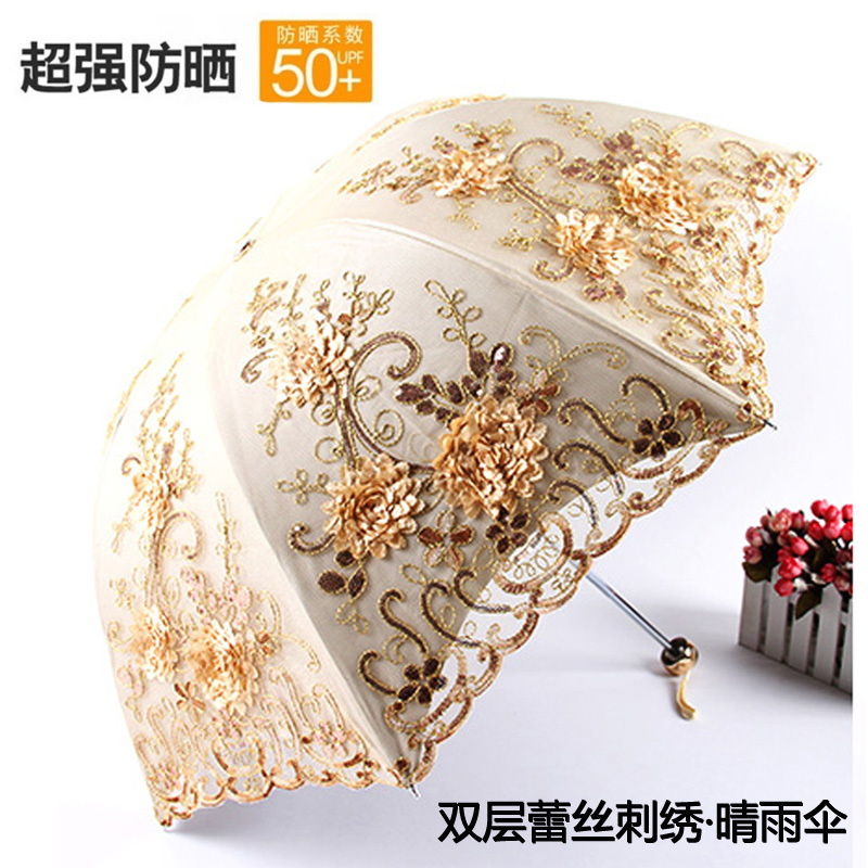 Korean Style Sun Umbrella for Women, Sun Protection, Uv Protection, Lace Embroidery, 70% off Embroidery, Sunshade, Black Coating, Princess Style, Dual-Use for Sun and Rain