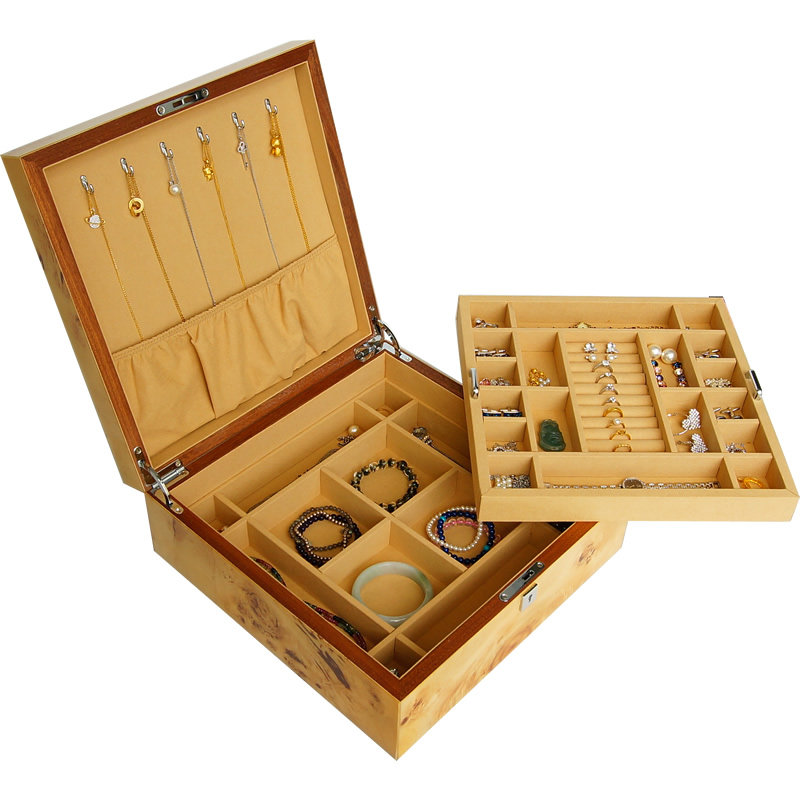 Jewelry box piano lacquer wood double layer jewelry necklace ring bracelet box jewelry storage collection box with lock
