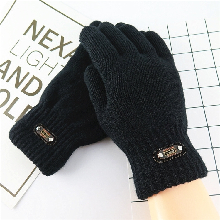 Korean car label pure black men's gloves double padded plus velvet warm gloves cold-proof wool knitted gloves winter